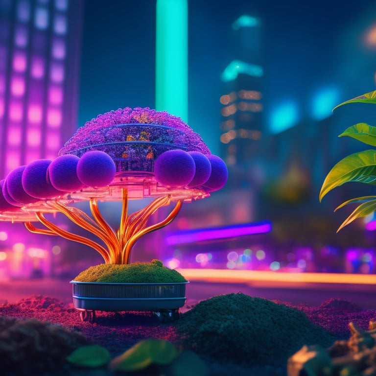 An abstract, futuristic illustration of a growing plant with gears and cogs integrated into its stem, surrounded by orbiting shopping carts and subtle, neon-lit cityscape in the background.
