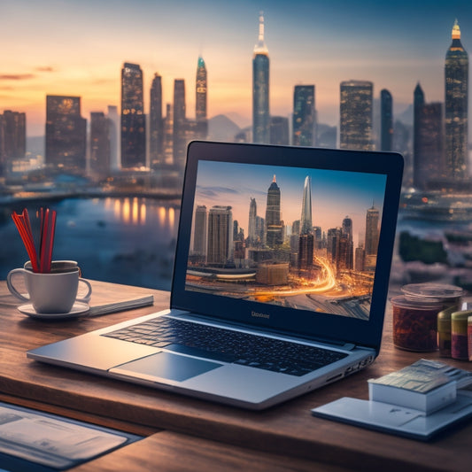 An illustration of a laptop open to a digital classroom, surrounded by stacks of money and products, with a subtle background of a cityscape or entrepreneurial environment.