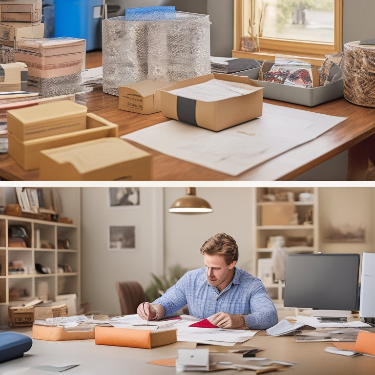 A split-screen image: a cluttered workspace with scattered papers, torn labels, and a frazzled person in the background, contrasted with a tidy workspace featuring a printer, a roll of shipping labels, and a confident person efficiently packing a box.