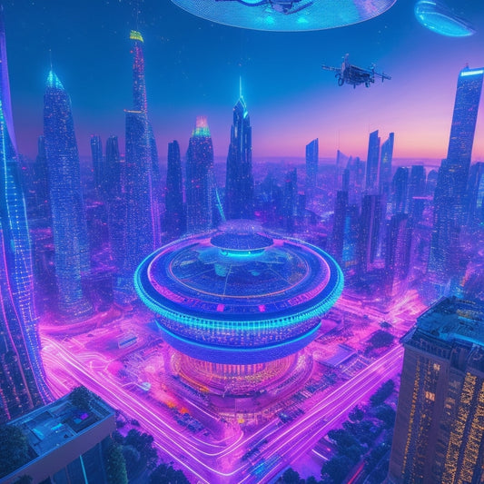 A futuristic cityscape with a giant 3D-printed t-shirt rising from the center, surrounded by flying drones carrying print-on-demand products, with vibrant neon lights and swirling digital patterns.
