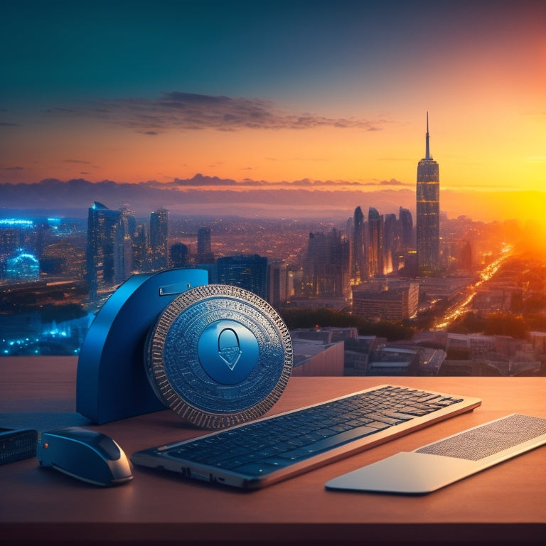 A shield with a credit card and laptop inside, surrounded by a circle of locks, with a faint cityscape in the background, symbolizing secure online transactions.