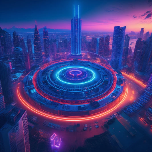A futuristic cityscape at dusk with sleek skyscrapers and neon lights, featuring a large, glowing portal in the center, surrounded by orbiting gears, circuits, and tiny robots.
