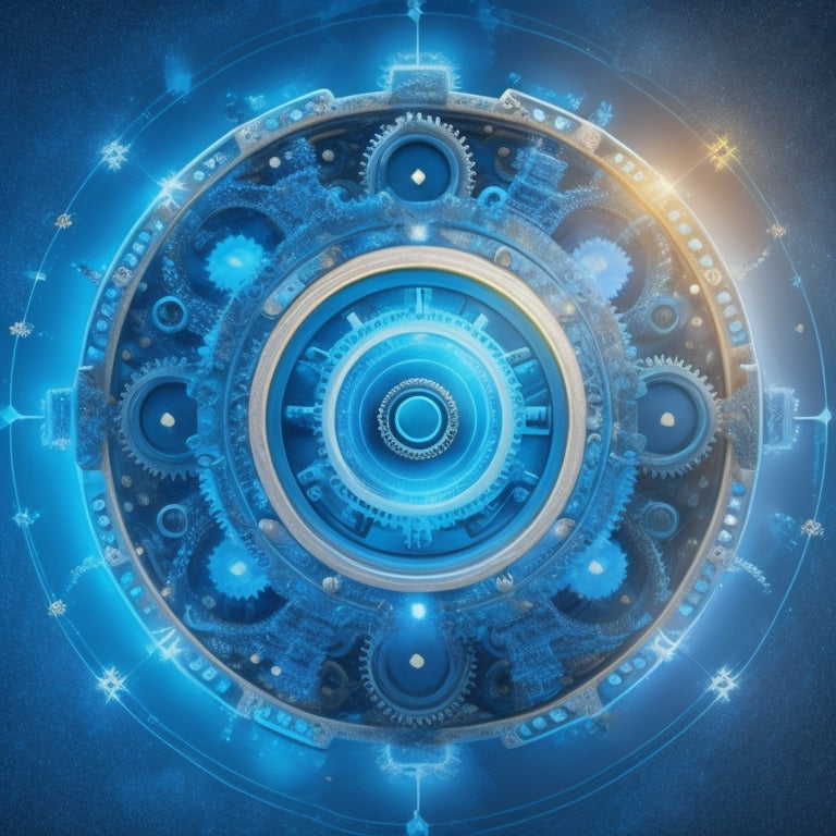 An illustration of a circle with interconnected gears, each gear representing a customer, surrounded by glowing orbits symbolizing loyalty and retention, set against a bright blue background with subtle digital patterns.
