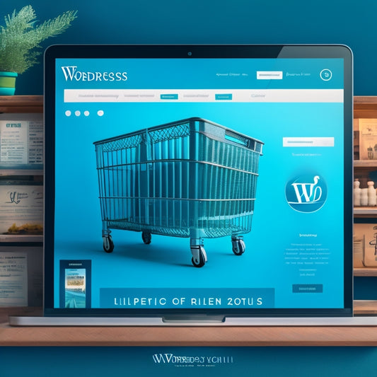 A stylized illustration of a WordPress dashboard transformed into a sleek, modern storefront, with a shopping cart icon replacing the WordPress logo, surrounded by swirling lines and shapes in shades of blue and green.