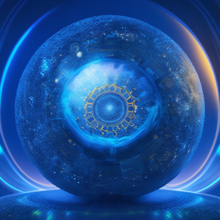 A futuristic, spherical hub radiates vibrant, swirling patterns of light, representing dynamic systems, surrounded by orbiting gears, circuits, and abstract data visualization elements in a dark, gradient blue background.