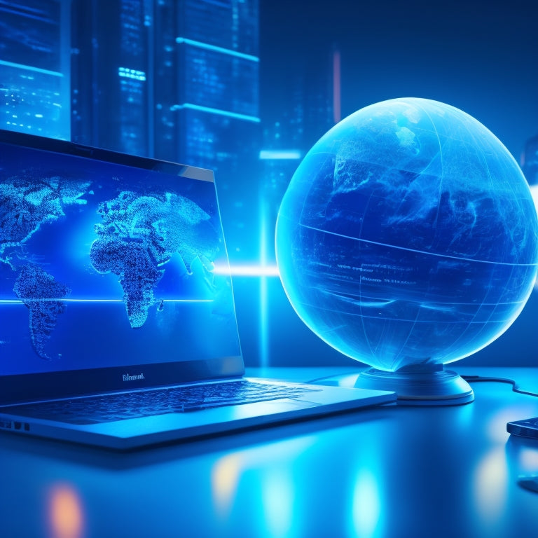 A futuristic, minimalist illustration featuring a stylized globe with glowing blue lines and nodes, surrounded by sleek, modern laptops and smartphones, with a subtle background gradient of blues and whites.