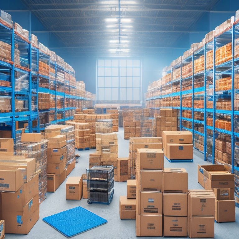 An illustration of a busy ecommerce warehouse with shelves stocked with various digital devices, a laptop and tablet displaying analytics and sales graphs, surrounded by crates labeled "SEO", "Email Marketing", and "Inventory Management".