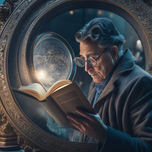 An image depicting a person standing in front of a large, open book with a magnifying glass hovering above, surrounded by subtle, swirling patterns of rules and guidelines in the background.