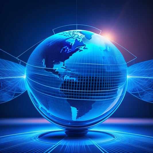 A stylized, 3D globe with glowing blue lines and nodes, surrounded by various e-commerce elements like shopping carts, packages, and laptops, set against a dark blue gradient background.
