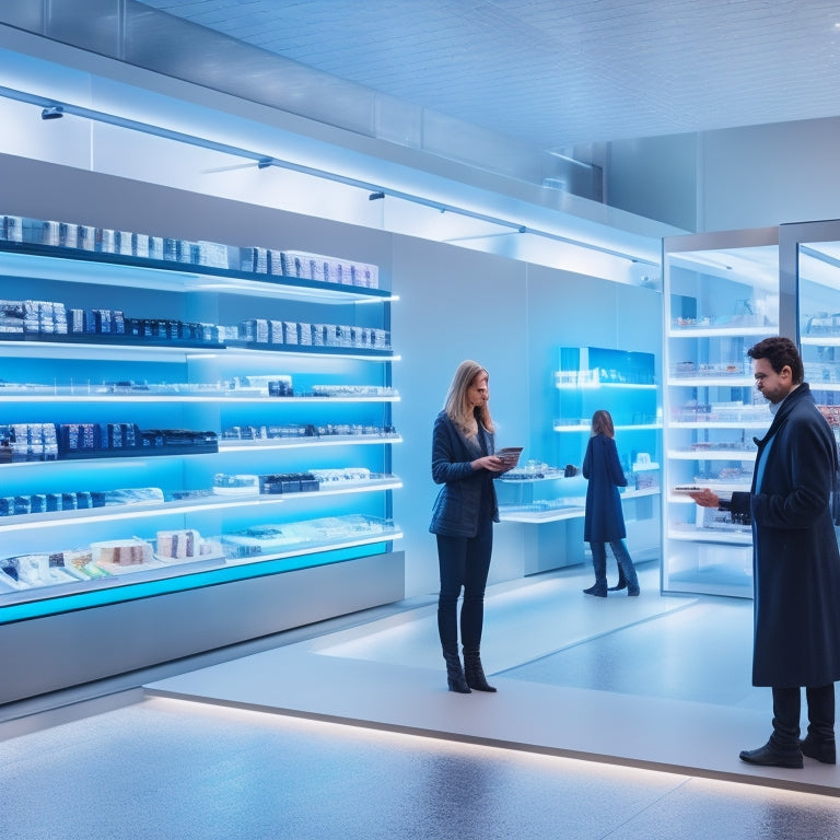 A futuristic retail store with sleek, minimalist shelves and a holographic display projecting a 3D POS system, surrounded by customers using tablets and smartphones to make seamless transactions.