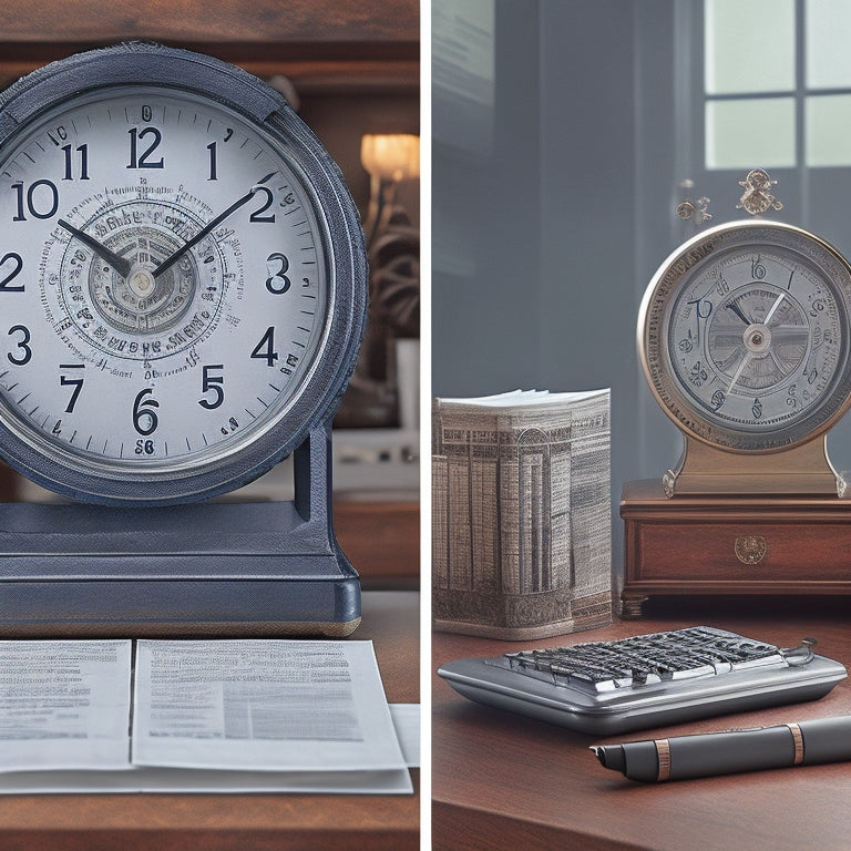 A split-screen image featuring a precise analog clock on the left, with gears and cogs visible beneath its face, and a tidy, organized desk on the right, with a calculator, papers, and a single, highlighted spreadsheet column.