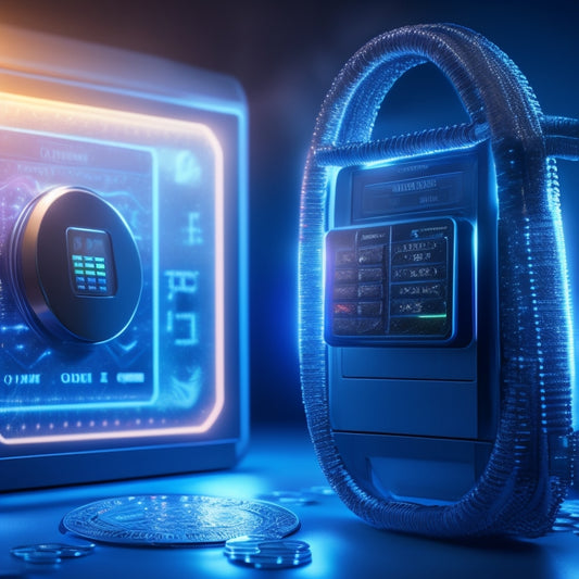A futuristic, sleek, silver key unlocking a padlock on a glowing, neon-lit payment terminal, surrounded by orbiting digital coins and orbiting lines of binary code.