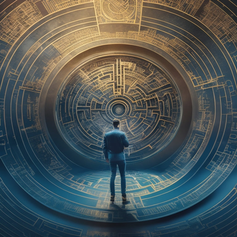 An abstract illustration of a person standing at the center of a maze, surrounded by swirling arrows and gears, with a faint grid of calendar dates and product icons in the background.
