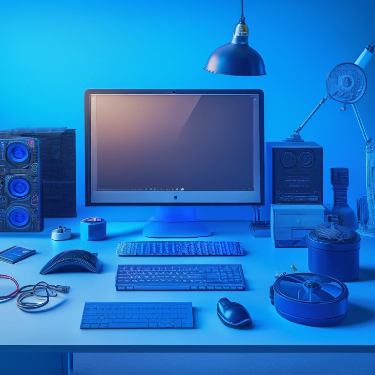 A futuristic, minimalist desk with a sleek laptop, surrounded by stylized icons of various digital tools, such as gears, charts, and megaphones, in a vibrant color scheme, set against a dark blue background.