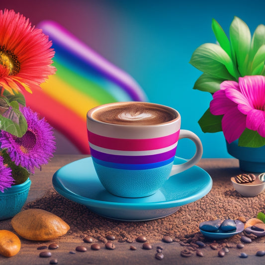 A vibrant illustration of a rainbow-colored coffee cup, surrounded by Pride flags and flowers, with a subtle coffee shop background, and a few coffee beans scattered around.