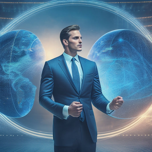 A futuristic, sleek, and modern illustration depicting a businessman standing in front of a large, glowing globe, surrounded by swirling lines and nodes, with a stylized, abstract representation of money and transactions flowing through the air.