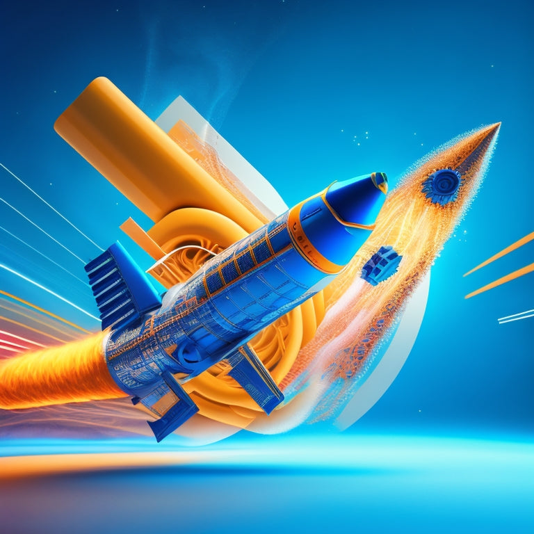 An abstract illustration of a rocket ship blasting off, surrounded by swirling lines of code, gears, and tiny shopping carts, set against a bright blue background with subtle gradient effects.