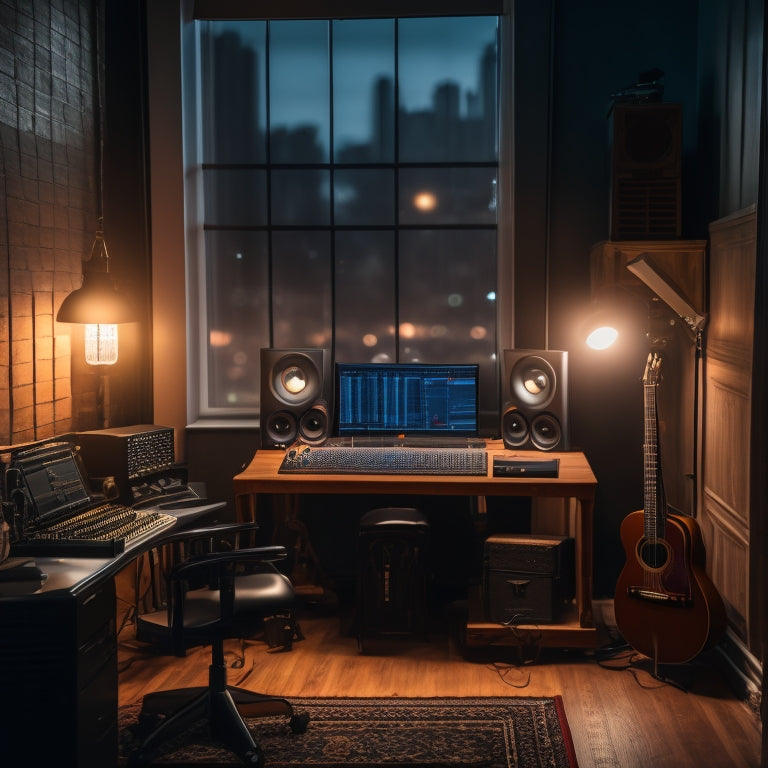 A dimly lit recording studio with a single spotlight shining on a laptop, surrounded by musical instruments and headphones, with a faint cityscape visible through the window.