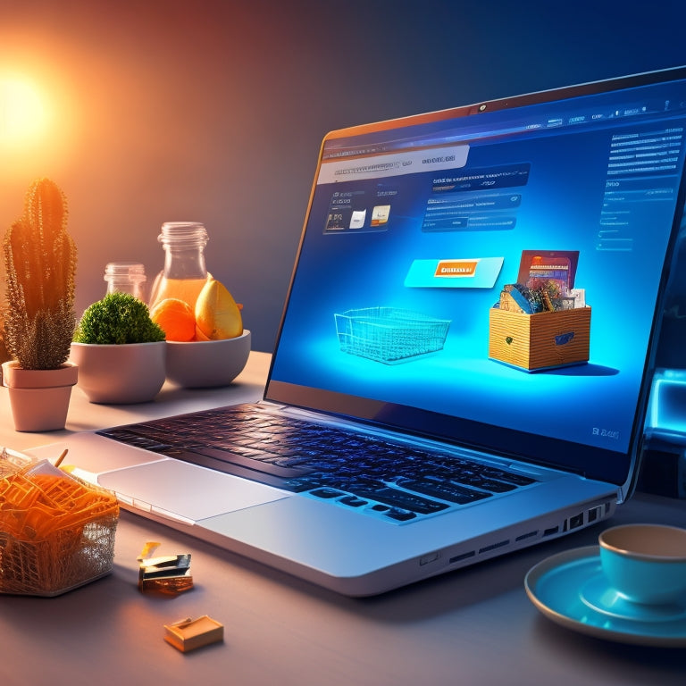 A futuristic, sleek, and modern illustration featuring a laptop with a shopping cart icon on the screen, surrounded by various ecommerce-related elements like credit cards, packages, and gears in the background.