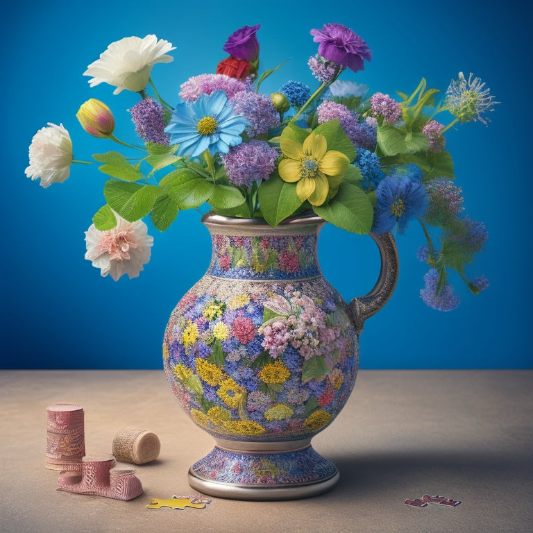 An illustration of a bouquet of flowers in a vase, surrounded by puzzle pieces fitting together, with a subtle background of interconnected nodes and threads, symbolizing strong customer relationships.