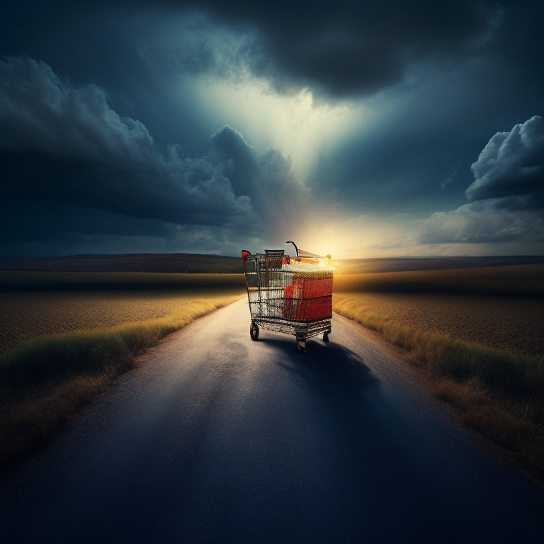 A maze with a shopping cart stuck in the center, surrounded by dark clouds and tangled threads, with a faint light shining through a gap in the distance, symbolizing ecommerce struggles and hope for a solution.