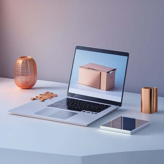 A futuristic, minimalist illustration of a laptop screen displaying a sleek, modern e-commerce website with a seamless checkout process, surrounded by 3D puzzle pieces falling into place.