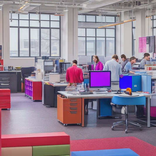 A colorful, modern office setting with a variety of printers and printing devices on desks and shelves, surrounded by rolls of paper, ink cartridges, and employees working in the background.