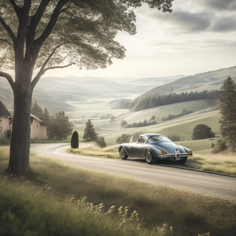 A serene landscape with a sleek, silver car driving down a winding road surrounded by lush green hills and trees, with a faint image of a garage or workshop in the background.