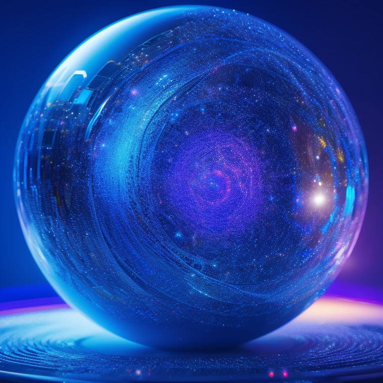 A futuristic, sleek, silver sphere with glowing blue circuits and neon lines, cracked open to reveal a burst of vibrant, swirling colors and lights, surrounded by orbiting, tiny, shimmering orbs.
