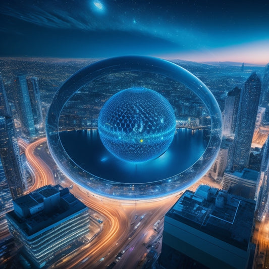 A futuristic, sleek cityscape at dusk with glowing blue circuitry patterns overlaid on skyscrapers, a giant shopping cart icon rising from the center, surrounded by orbiting spheres representing merchants.