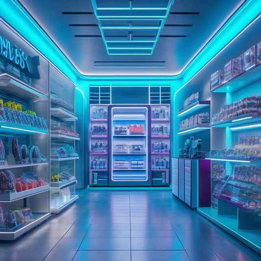 A futuristic retail store interior with 3D printers and robotic arms building custom products, surrounded by sleek shelves displaying intricate, uniquely-designed goods, amidst a backdrop of neon lights and metallic accents.