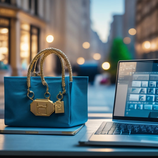 A golden key unlocking a virtual padlock on a laptop screen, surrounded by shopping bags, credit cards, and a miniature cityscape in the background, with a subtle gradient of blue to green hues.