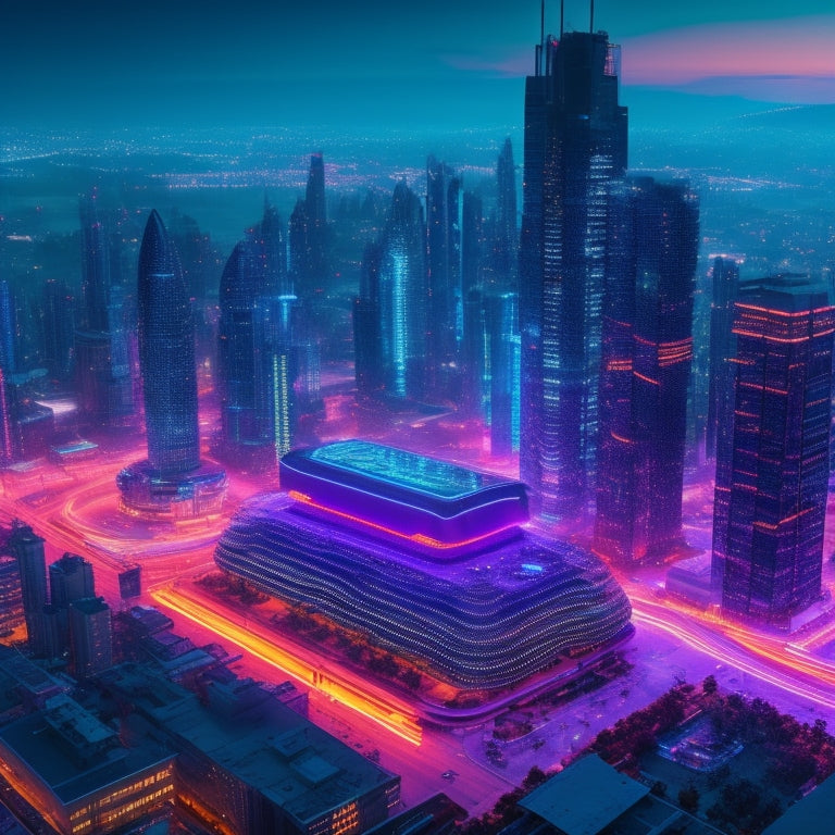 A futuristic, high-tech cityscape at dusk with sleek skyscrapers, neon lights, and a glowing network of circuits connecting them, surrounded by orbiting digital wallets and credit cards.