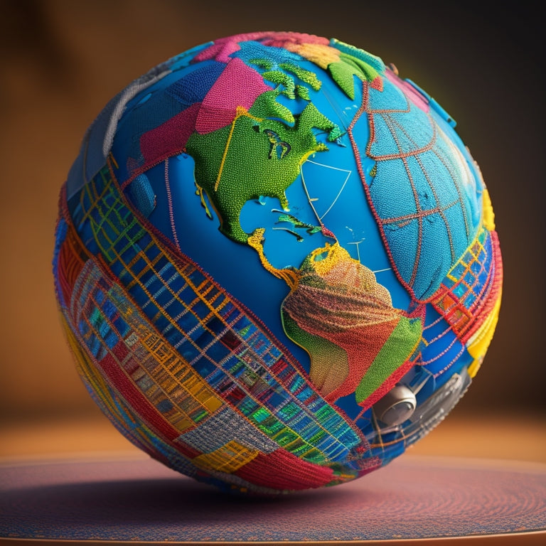 A stylized globe with connecting threads of different colors and patterns, weaving together to form a complex yet harmonious network, symbolizing cultural and commercial connections across borders.