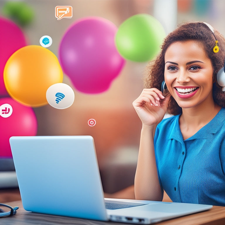 A stylized, modern illustration of a smiling customer service representative sitting in front of a laptop, surrounded by floating speech bubbles and icons of various digital communication tools.