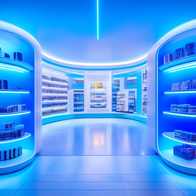 A futuristic retail store with sleek shelves and minimalist decor, featuring a large, glowing mobile phone at its center, surrounded by swirling blue lines and tiny, orbiting shopping carts.
