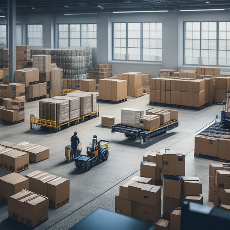 A minimalist illustration of a cluttered warehouse transforming into an organized space, with neatly stacked boxes, a conveyor belt, and a few fulfillment professionals efficiently working together in the background.