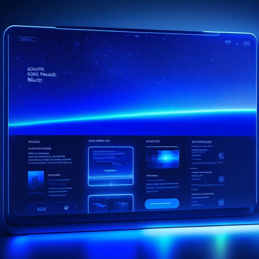 A futuristic ecommerce interface with glowing blue neon lines, minimalist product cards, and a subtle 3D hover effect, set against a dark, starry night sky with faint cityscape silhouettes.