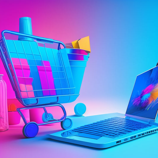 A stylized illustration of a laptop with a shopping cart overflowing with colorful ink bottles, surrounded by upward-trending graphs and rising bars, set against a bright, gradient blue background.