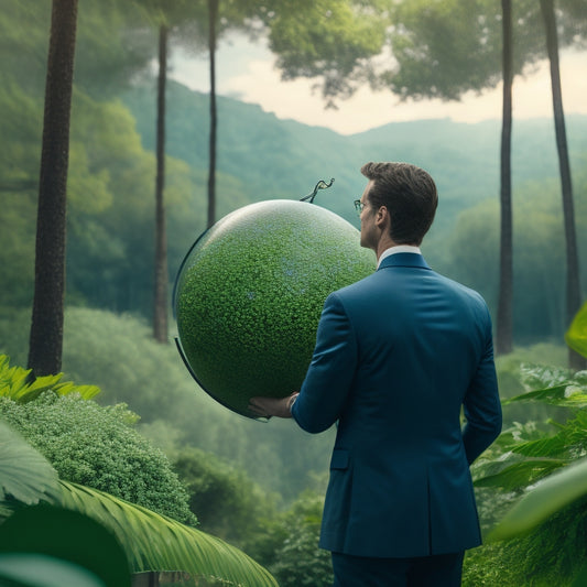 A serene background with a subtle globe pattern, a scales of justice in the center, surrounded by lush greenery and a faint image of a business professional in the background, looking upwards.