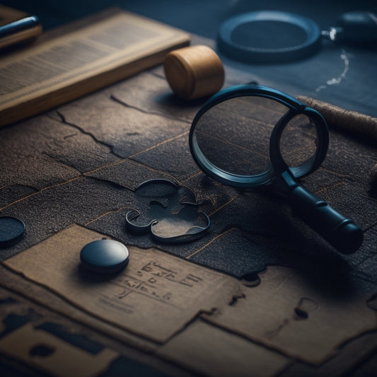A dark, mysterious background with a magnifying glass hovering over a cracked puzzle piece, revealing a hidden web of deceitful connections and broken trust symbols.