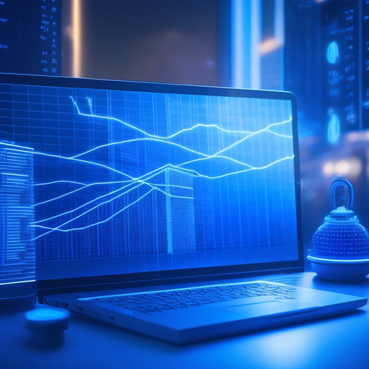 A futuristic, minimalist illustration of a laptop with a shopping cart icon on the screen, surrounded by rising graphs and upward-pointing arrows, set against a dark blue background with subtle digital circuit patterns.
