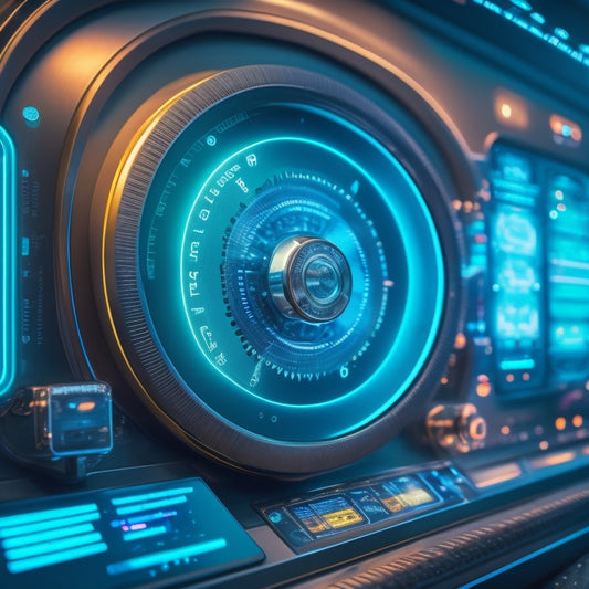 A futuristic dashboard with interconnected gears, cogs, and pipelines, surrounded by swirling data streams, with a large, glowing "Export" button in the center, radiating light and efficiency.