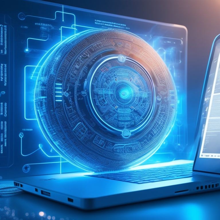 A futuristic, high-tech illustration depicting a shield protecting a laptop, with wires and coding symbols swirling around it, surrounded by a circle of interconnected locks and a subtle glow effect.