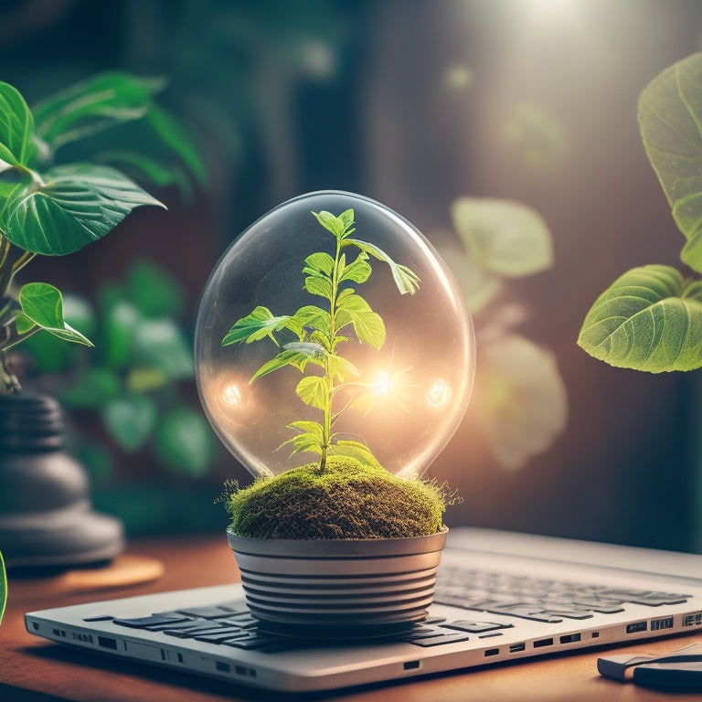 An abstract illustration of a growing plant emerging from a laptop, its roots morphing into upward-trending graphs and its leaves transforming into lightbulbs, surrounded by orbiting gears and sparks.