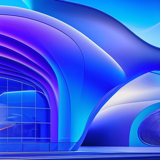 A futuristic, abstract illustration of a storefront with sleek, modern architecture, surrounded by swirling lines and shapes in shades of blue and purple, evoking innovation and progress.