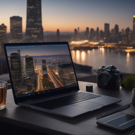 A laptop screen displaying an online marketplace, surrounded by scattered tablets and smartphones, with a magnifying glass hovering over a product image, amidst a subtle cityscape background at dusk.