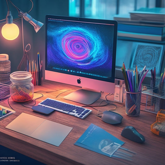 A stylized illustration of a creator's desk, clutter-free, with a laptop and a few art supplies, surrounded by swirling digital lines and nodes, forming a subtle Gumroad logo in the background.