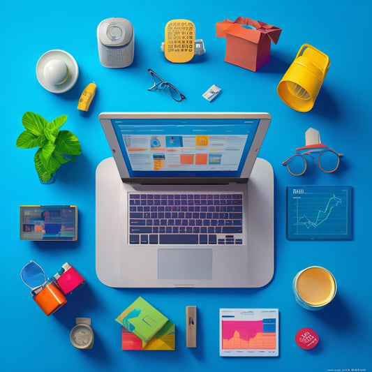 A stylized illustration of a laptop, surrounded by various digital marketing icons, such as megaphones, charts, and shopping carts, with subtle ecommerce-related elements in the background, like faint grid lines and product thumbnails.