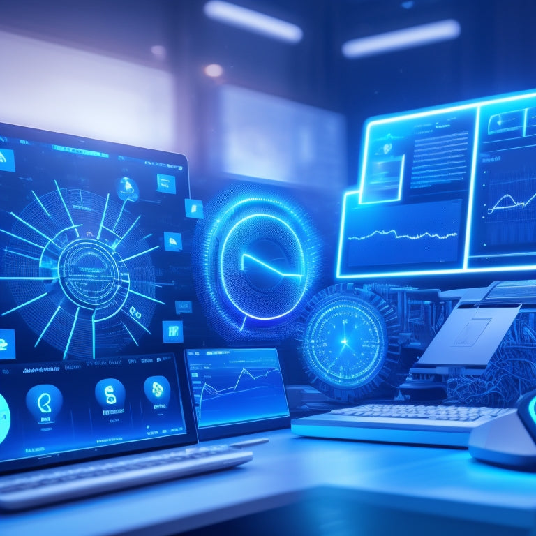 A futuristic dashboard with interconnected gears, pulsing blue lines, and a centerpiece featuring a 3D graph with ascending arrows, surrounded by minimalist icons of laptops, tablets, and smartphones.